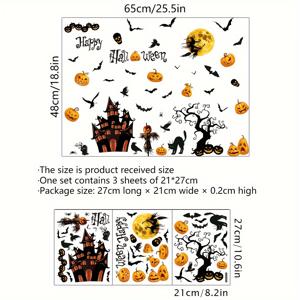 TEMU 할로윈 윈도우 스티커 세트 - 3장 21x27cm 각각 - 현대 스타일, PVC 정전기 클링 데칼 성, 박쥐, 해골 포함 - 재사용 가능한 양면 시각 장식 유리 및 창문용 - 5밀 두께