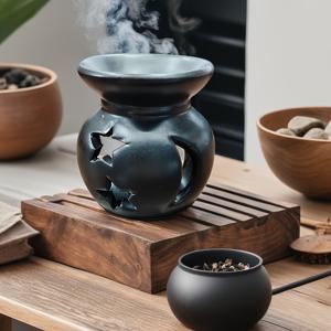 TEMU 수제 세라믹 아로마테라피 버너 - 일본 스타일, 홈 데코용 에센셜 오일 & 캔들 홀더, 은색 또는 검정