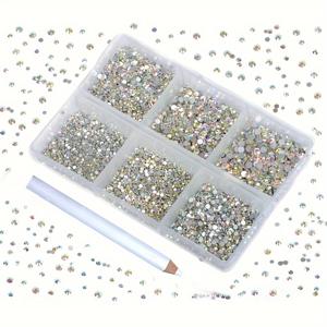 TEMU 7200개 6가지 혼합 사이즈 접착식 DIY 보석용 라운드형 인조 스톤, 플랫백 (6사이즈 7200pcs, AB), 주얼리 장식품, 공예재료, 반짝이 스톤, 광택 있는 액센트, 정밀절단된 돌, 고광택 젬, 평면 , 부착성 글루 파인 펜 1개 포함