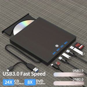 TEMU 7-in-1 멀티 기능 USB C 외장 플레이어/리더/라이터, 휴대용 CD/DVD +/-RW 드라이브, USB 3.0 USB C 허브 DVD CD 버너, 노트북 및 올인원 데스크탑 컴퓨터 호환|CD플레이어