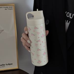 TEMU 1개 550ml/18.6oz 나비 장미 작은 꽃무늬 시리즈 물병, 플립 빨대 물컵, 원래 이중층 스테인리스 스틸 보온컵, 여행 및 외출용 컵, 체육관 및 야외 스포츠 컵