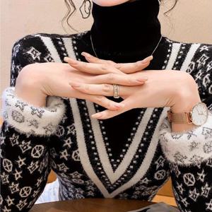 TEMU 우아한 하이넥 니트 풀오버 여성용, 단색, 폴리에스터, 털 안감, 가을/겨울 컬렉션