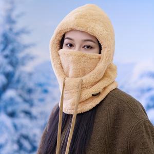 TEMU 1개 여성용 겨울 사이클링 스카프 마스크 통합 후드 모자, 플리스 안감 두꺼운 방풍 및 내한성 후드 캡, 결혼식 및 야외 활동용 드로스트링 클로저가 있는 경량 폴리에스터 헤드웨어, 겨울용 헤드기어 | 통합 후드 디자인 | 폴리에스터 모자