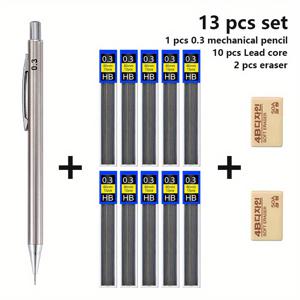 TEMU 0.3/0.5/0.7/0.9mm 금속 스케치 자동 연필 세트, 쓰기 및 드로잉 활동용 연필 사무용 문구류 | 개학 시즌 | 저렴한 학교 용품 | 입구 선물 (연필 1개 + 납심 10박스 + 지우개 2개)