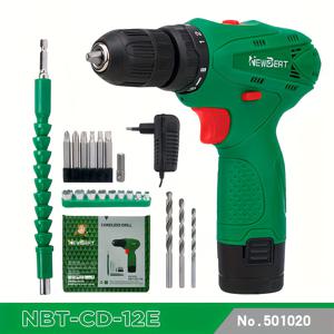 TEMU NEWBEAT 12V 무선 드릴 키트, 배터리 및 충전기 포함 - 다양한 드릴 비트, 키리스 척, 가변 속도 (400-1500RPM), 유럽형 플러그, 튼튼한 그린 & 블랙 케이스 - DIY 홈 프로젝트에 이상적|케이스|DIY