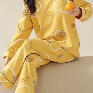 TEMU 새로운 가을과 겨울 여성용 파자마, 귀여운 곰 프린트 노란색 파자마, 심플하고 부드러운 귀여운 홈웨어 세트, 겨울, 새해, 발렌타인데이, 부활절, 여성의 날, 어머니날, 춘절, 생일 선물에 완벽함