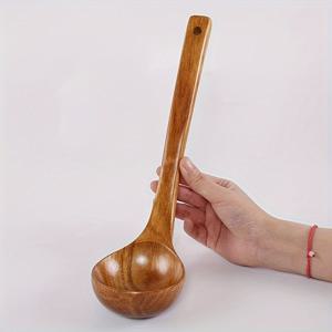 TEMU 1개 대형 긴 손잡이 논스틱 수프 스푼 - 요리, 서빙 및 저어주기에 적합한 인체공학적 목재 주방 도구 - 수프, 죽, 오일에 완벽함 - 크리스마스, 추수감사절, 어머니의 날, 아버지의 날, 일상 사용에 이상적, 일상적인 조리 도구 | 인체공학적 스푼 | 내구성 있는 나무 스푼