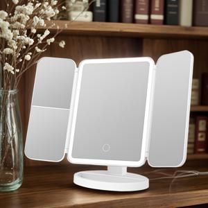 TEMU LED 메이크업 거울 1개, 3단계 조절 가능한 삼색광원, 베이스에 작은 화장품 보관 가능, 화장대 및 바니티용 적합, USB 충전식 모델 채광 거울|화장대
