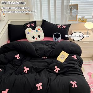 TEMU 세련된 검은색 수건 자수 리본 침구 세트 - 1개의 이불 커버와 2개의 베개 커버 포함, 폴리에스터, 지퍼 잠금, 모든 계절의 편안함, 기계 세탁 가능, 귀여운 침구