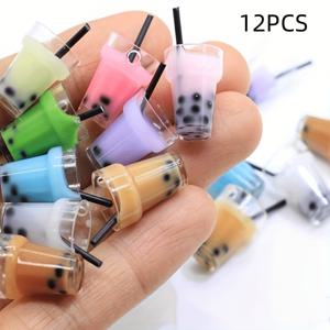 TEMU 12개 3D 미니 인공 밀크티 레진 펜던트 - 컬러풀 DIY 주얼리, 키체인 및 귀걸이 참 - 블랙 스트로우가 있는 리얼리스틱 버블 티 디자인 - 액세서리 및 장식용 완벽한 공예 소품 | 기발한 매력 디자인 | 생생한 색상