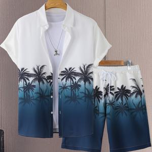 TEMU 남성 캐주얼 그라데이션 코코넛 나무 반팔 셔츠 + 반바지 2pcs 세트 - 열대성 나무 프린트, 버튼업 칼라 디자인, 가벼운 폴리에스터 블렌드 봄/여름 외출, 여름 의상 | 열대성 프린트 | 가벼운 원단, 해변 의류
