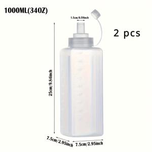 TEMU 소스 및 드레싱용 2개입 사각 플라스틱 스퀴즈 병, 식품 등급, 대형 지름, 800/1000ml, 측정 표시, 잼, 샐러드 드레싱, 케첩, 마요네즈 등에 적합, 손세척 전용, 가정 또는 상업 주방에 완벽