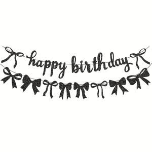 TEMU 여성 샤워 테마 파티 배너용 블랙 리본 생일 장식 세트, 반짝이는 해피 버스데이 배너와 리본 가랜드