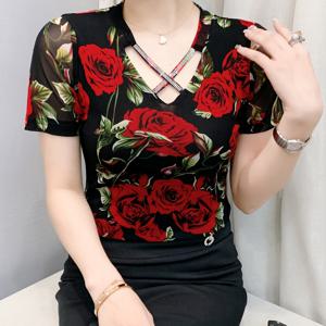 TEMU 여름용 반팔 로즈 플라워 프린트 메쉬 여성 크로스 라인 스톤 티셔츠 슬림핏 크롭탑