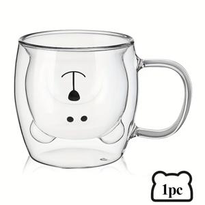 TEMU 귀여운 곰 모양 컵, 이중 레이어 유리컵, 우유용 컵, 핸들 보온 머그잔, ·캡푸치노·주스에 적합, 가족 및 식당용 선물, 250ml/8.5oz