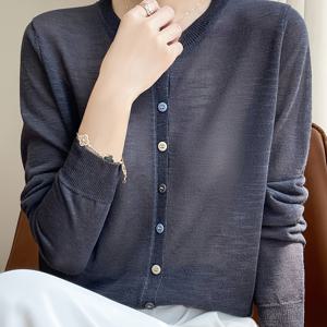 TEMU 2025 신상 여성 가디건 - 초경량 루즈 라운드넥 긴팔, 세미시어 버튼 디자인, 여름 캐주얼 솔리드 컬러 아우터웨어|가디건|비치웨어