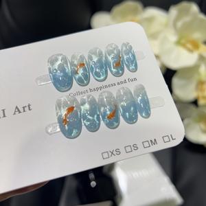 TEMU 10pcs 럭셔리 프랑스 글레이셔 블루 오션 네일 아트, 고이 물고기 꼬리 및 고양이 눈 - 광택 마감, 해변 휴가 사진에 완벽, 매니큐어용 네일 패치, 럭셔리 네일 아트 | 평온한 디자인 | 광택 마감 네일