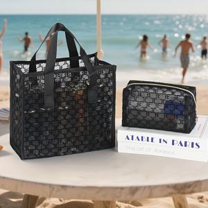 TEMU 2개 세트 [메이크업 파우치] 블랙 메쉬 투명 토트백 & 화장품 정리함 | 기하학적 대칭 패턴, 비치백 및 여행용 화장품 가방 | 해변 휴대에 적합