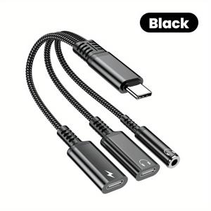 TEMU 3-in-1 Type C를 듀얼 USB C/3.5mm Jack 오디오 어댑터 케이블, 빠른 충전 Type C 헤드폰 어댑터, for iPhone 15/16/삼성 제품용, 남성에서 여성으로, USB 전원, 50-80W 출력, 매트 핏, 배터리 없음, 데이터 전송 가능, 범용 헤드폰 잭, Type-C OTG 케이블, 크리스마스에 가장 좋습니다.