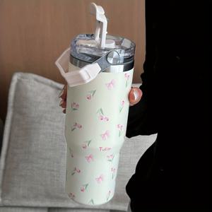TEMU 1pc 900ml/33.44oz 나비 튤립 시리즈 절연 컵, 절연 컵, 대용량 자동차 컵, 손잡이와 빨대가 있는 물병, 이중 마시는 입, 여행 및 야외 컵, 체육관 및 야외 스포츠 컵, 평평한 컵, 겨울 및 여름 음료 용기, 휴일 선물|트래블보틀