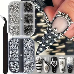 TEMU 2박스 Y2K 미니 메탈릭 네일 아트 스터드 펑크 3D 실버리 블랙 콘 합금 리벳 록 DIY 공예 혼합 사이즈 고딕 스틸 볼 보석 트위저 매니큐어 장식 액세서리