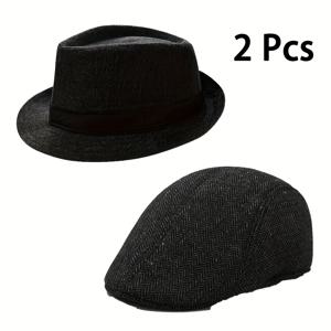 TEMU 2개 LERDU 1920년대 남성용 페도라 모자 캡 - 블랙 & 브라운 텍스처 디자인, 가비티 코스튬용 클래식 라운드 브림, 할로윈 파티 및 테마 이벤트 액세서리, 세련된 스타일, 질감 있는 원단