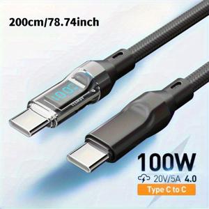 TEMU LED 디스플레이가 있는 100W 초고속 충전 USB-C 케이블 - C-타입에서 C-타입으로, 애플, 삼성, 화웨이, 샤오미 및 노트북용 빠른 데이터 전송 및 충전, 78. 슈퍼 고속 충전, 100W 출력 전력, 36V 최대 전압, 100W 충전 케이블 | 현대적인 케이블 디자인 | 내구성 있는 케이블