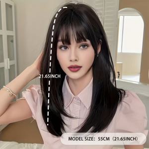 TEMU 우아한 블랙 롱 앞머리 가발, 장미 네트 캡 포함 - 매끄러운 질감, 할로윈 코스튬, 일상 외출, 롤플레이 및 파티용 다용도, 영화 영감 스타일, 안전한 착용 헤드기어