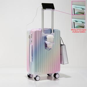 TEMU USB 충전 포트, TSA 잠금장치, 컵 거치대 및 휴대폰 스탠드가 있는 20인치 그라데이션 컬러 여행용 가방 - 가벼우면서도 튼튼한 ABS+PC 소재 남녀 공용 수하물|휴대폰거치대