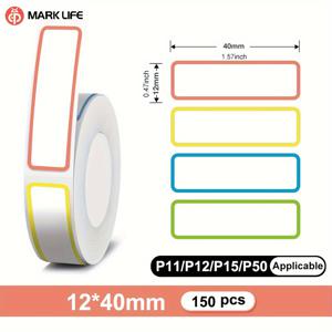 TEMU 마크라이프 컬러 스티커 4색 테두리, 1롤 0.47x1.57인치(12*40mm) 150매 스티커, 품질, P11/P12/P15/P50 타입용, 가정 보관, 이름표, 선물 메모에 사용