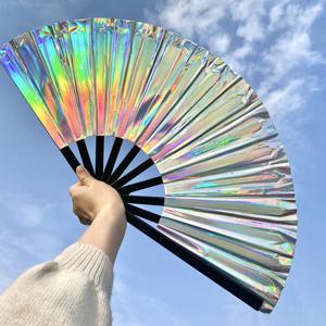 TEMU 1개 13인치 대형 PVC 반짝이 접이식 부채 - 하와이안 테마 파티용 핸드헬드 팬, 검은 손잡이 포함, 댄스, 쿵푸, EDM 이벤트 및 코스튬 액세서리 & 탁상 장식 (스탠드 미포함), 하와이안 파티 장식