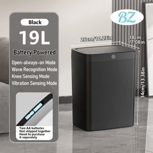 TEMU 19L 검은색 스마트 , 3가지 감지 모드 - 조용한 닫기, 공간 절약형 긴 직사각형 디자인, 자동 뚜껑 열림, 내구성 있는 배터리 구동, 주방 및 가정 쓰레기 처리, 스마트, 쓰레기 처리 솔루션, 현대적인 , 내구성 있는 구조|쓰레기통