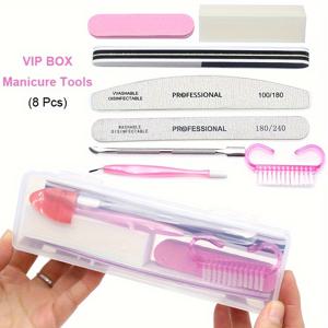 TEMU 8pcs VIP 네일 케어 키트 - 전문적인 네일 버프, 스폰지, 먼지 브러시 및 죽은 피부 푸셔 - 향수 없는, 채식 친화적인, 매니큐어 및 페디큐어에 이상적 - 뷰티 도구 선물 세트, 네일 케어 필수품 | 전문적인 네일 도구 | 채식 뷰티 도구, 네일 케어 키트