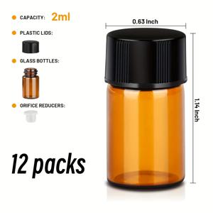TEMU 2ml 앰버 유리 에센셜 오일 병, 오리피스 레듀서 & 블랙 캡 포함 - 12팩, 타원형, 손세탁 전용, 향수 보관에 이상적, 향수 보관 병|타원형 병|유리 구조, 에센셜 오일 디퓨저