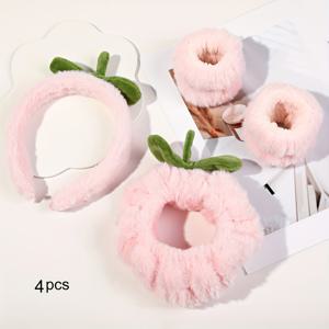 TEMU 4pcs 귀여운 플러시 석류 얼굴 세척 방수 팔찌 세트, 직물 재질, 달콤한 스타일, 꽃 패턴, 미끄럼 방지 헤어 링, 컬러 매칭 프린트