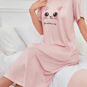 TEMU 여성용 귀여운 만화 고양이 프린트 크루 넥 반팔 티셔츠 드레스 파자마, 폴리에스터 니트 소재, 올 시즌 나이트웨어, 중동 특수 - 95% 폴리에스터 5% 엘라스탄, 140gsm