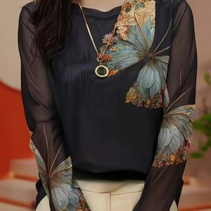 TEMU 여성용 나비 프린트 긴팔 튤 탑 - 반투명 스트레치 크루 넥 셔츠, 레이스 같은 컷아웃 디자인의 화려한 블루 & 그린 플로랄 패턴, 봄 & 가을 캐주얼 착용용, 세탁기 사용 가능, 통기성 좋은 원단, 트렌디한 상의