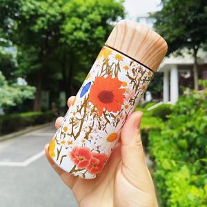 TEMU 1개 미니 고급 스테인리스 스틸 방수 물병, 나무 무늬 뚜껑, /장미/국화 꽃무늬, 가을 수확 추석 선물 및 개학 준비품