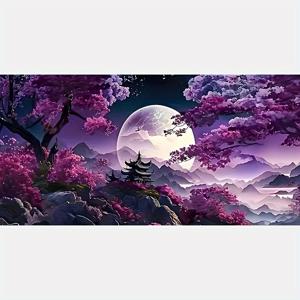 TEMU 5D 페인팅, 현대 추상 산 라인스톤 스톤 페인팅 키트, 성인 초보자용 풍경 아트 보라색 배경, 달과 나무 포스터 거실 및 홈 벽 장식, 70x40cm