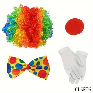 TEMU 다색 광대 의상 파티 팩 - 코스프레 및 할로윈 용 - 무지개 가발, 물방울 무늬 넥타이, 코, 조끼 및 장갑 포함 - 전기 불필요 - 폴리에스터 섬유 및 PP 재질로 만들어짐