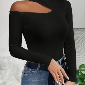 TEMU 여성용 하이넥 롱슬리브 키홀 컷아웃 티셔츠 - 미디엄 스트레치 솔리드 블랙 탑, 사계절 캐주얼 & 포멀 웨어, 기계 세탁 가능, 휴가복, 민소매 룩 탑, 쉬운 관리 의류
