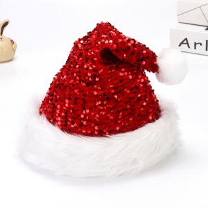 TEMU 1pc 크리스마스 산타 모자 여성용, 반짝이는 세퀸 폴리에스테르 비니 모자 퍼 트림, 토글 클로저, 가벼운 니트 모자, 비늘어짐 없음, 축제 행사 모자