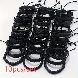 TEMU 10pcs 남성용 수제 다층 인조 가죽 손목끈 세트, 조절 가능한 빈티지 스타일 커플 브레이슬릿, 친구와 크리스마스 선물용