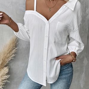 TEMU 여성용 우아한 오프숄더 버튼업 셔츠 - 긴팔, 비대칭 칼라, 루즈핏, 솔리드 화이트, 폴리에스터 혼방, 봄/여름 캐주얼웨어
