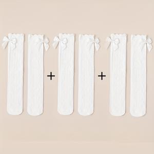TEMU 여아용 긴 양말 3켤레, 봄과 여름을 위한 얇은 메쉬 스타일, 아름다운 레이스와 리본 디자인을 특징으로 합니다.