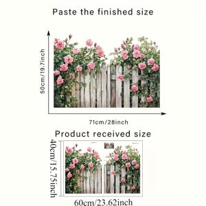 TEMU 1pc 꽃 목재 울타리 벽 스티커 - 자체 접착, 분리 가능한 PVC 스티커, 핑크 장미와 녹색 잎으로 거실, 침실, 식당, 욕실 문과 창, 벽 장식 스티커, 창의적인 화장실 스티커, 아름다운 패턴, 욕실 장식 스티커, 욕실 및 침실 장식, 자체 접착 종이, 가정 미적 장식, 가정 필수품, 봄 장식, 여름 장식, 재미있는 스티커