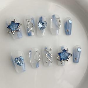 TEMU 10pcs DIY Star & Moon Nail Art Set - 블루 프레스드 네일 스파클링 스타, 크레센트 문 & 하트 디자인 소녀, 파티, 휴일 & 특별한 기회, 파티 네일 아트 | 스타리 네일 디자인 | 프레스드 네일 아트|네일아트