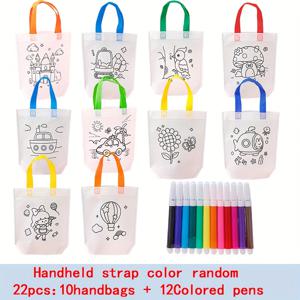 TEMU 22pcs DIY 선물 가방 세트, 10개의 가방과 12개의 컬러 펜슬을 포함, 미완성 DIY 포장 가방, 재사용 가능한 동물 아트 파티 선물 가방, 미니 비직조 쇼핑 가방, 크리스마스 및 새해 선물 포장 및 보관 액세서리, 손님 그룹 선물 가방에 적합