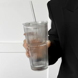 TEMU 1개/2개 세트, 뚜껑과 빨대 포함 20.29oz 유리 커피컵, 고품질 수직 디자인 아이스 라떼 머그
