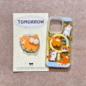 TEMU 아이폰 11 12 13 프로 맥스용 회전 자석 브라켓이 있는 투명 노란색 엉덩이 오렌지 고양이 마그네틱 케이스